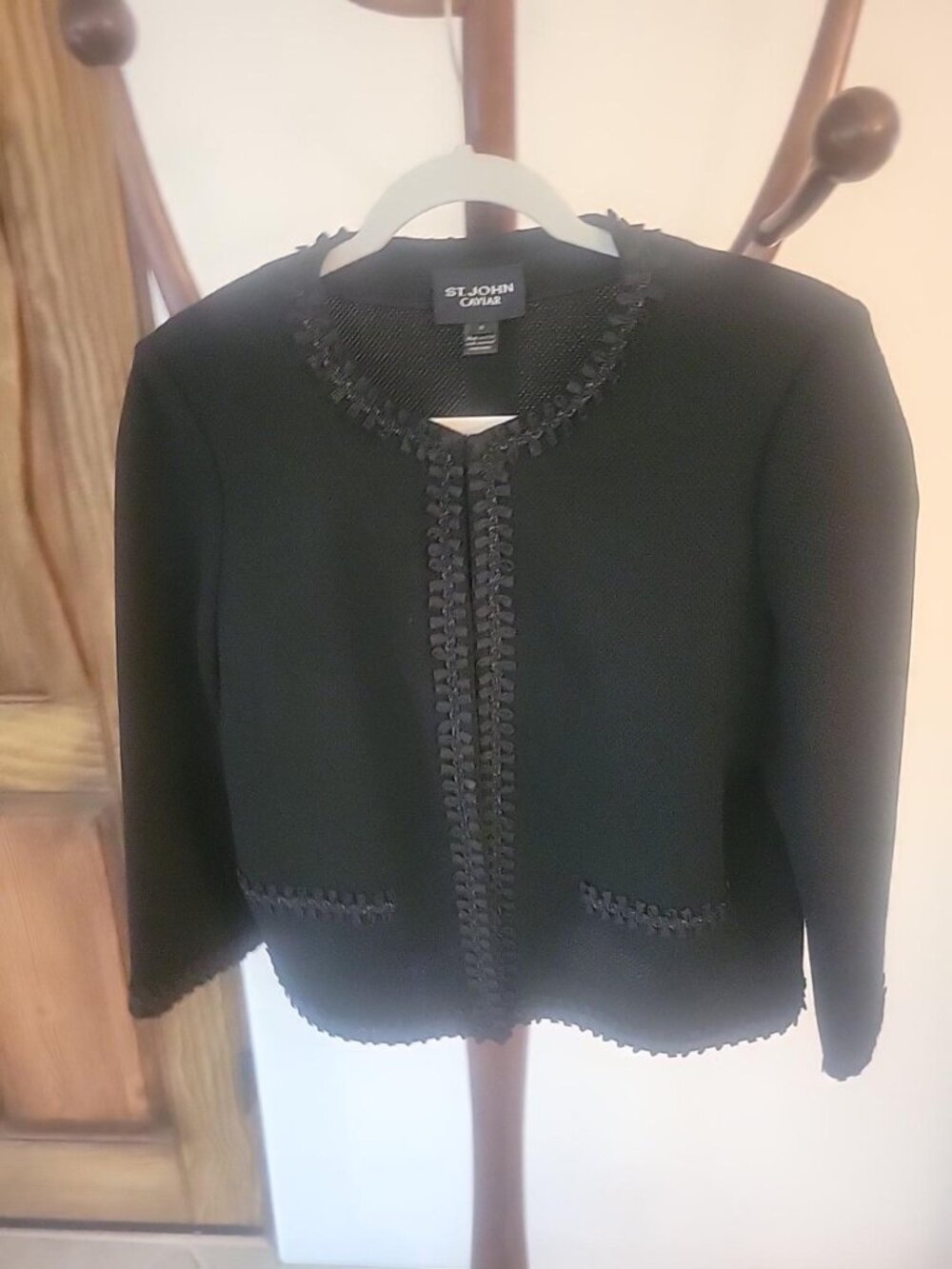 St. John Caviar Black Santana Knit Jacket Size 10 Ribbon Fringe Trim